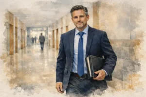 Brampton DUI lawyer walking through courthouse hallway in Ontario