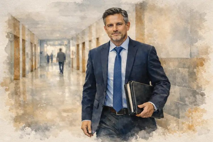 Brampton DUI lawyer walking through courthouse hallway in Ontario