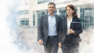 Brampton domestic assault lawyers | Domestic assault lawyer walking out of the court with her client.