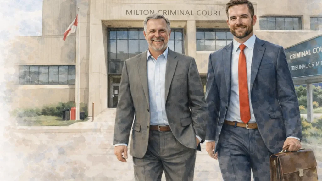 Burlington Domestic Assault Lawyers - Lawyer and client walking out of court.